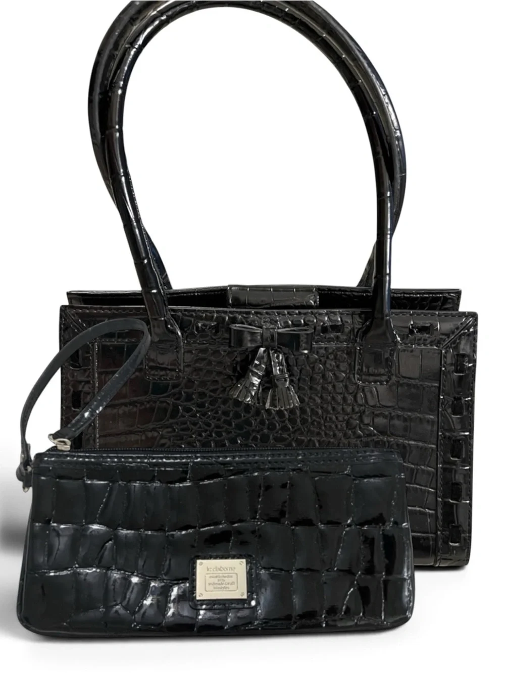 Liz Claiborne Vintage Croc Embossed Leather Shoulder Bag Wristlet Wallet Set
